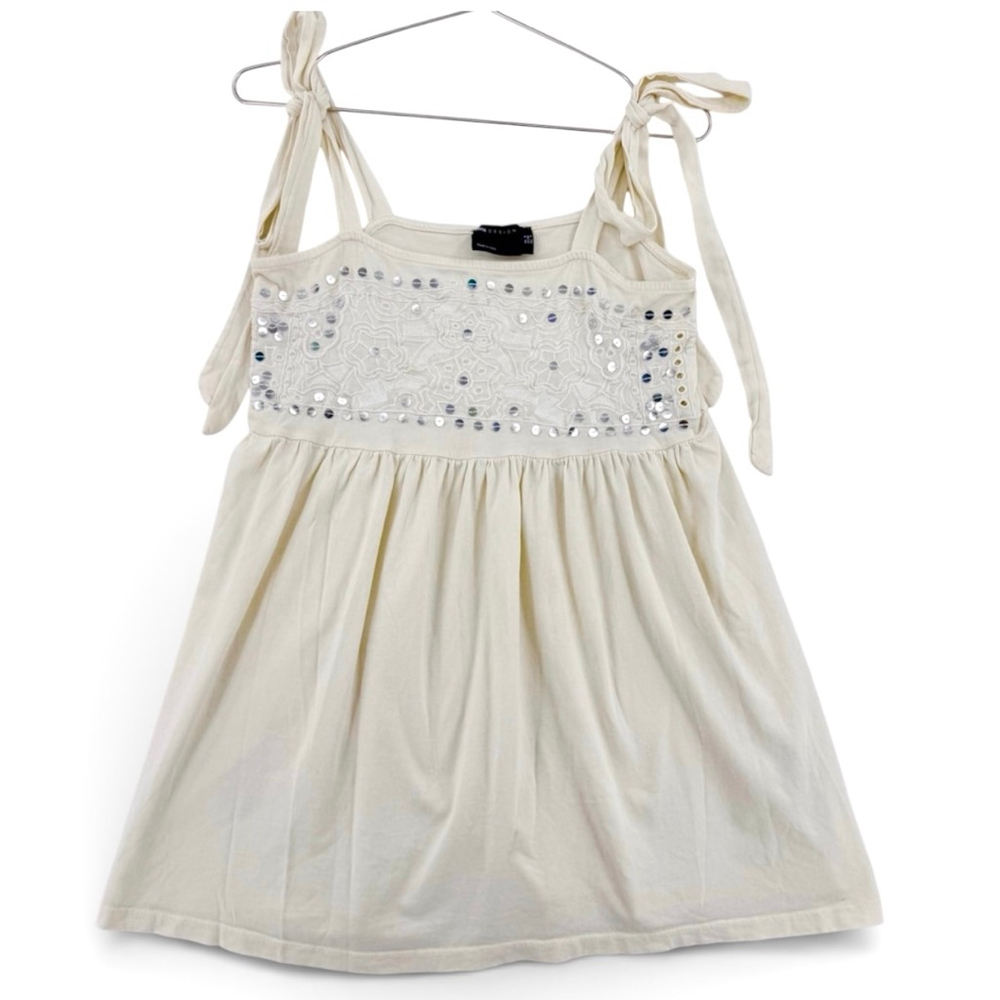 Cream Babydoll Top Embroidered Sequins Tie Straps Asos Design Size 8 Boho Fairy